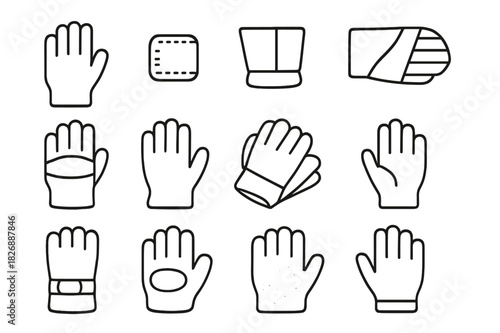 Work Gloves Icons. Work Gloves Set. Line icon set of Work Gloves Set: gloves, stitching detail, cuff, palm texture, reinforced knuckle, finger lines, folded