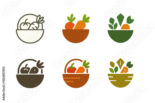 Farmers Market Logos. June Farmer?s Market. Icon set. Set Logo of June Farmer?s Market: basket of fresh produce. harmonious logo variations of the same