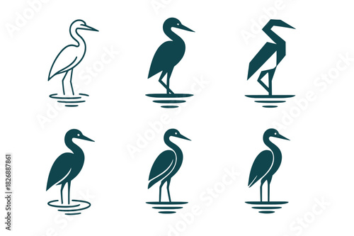 Elegant Heron Logos. Herons. Icon set. Set Logo of Herons: elegant heron standing in water. harmonious logo variations of the same emblematic concept, each