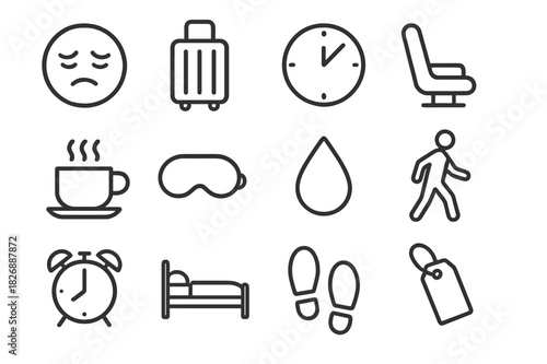 Travel Fatigue Icons. Travel fatigue. Line icon set of travel fatigue: tired face, suitcase, clock, airplane seat, coffee cup, eye mask, sweat drop, person