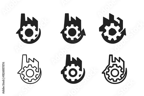 Circular Economy Icons. Circular economy principles in manufacturing. Icon set. Set Logo of circular economy in manufacturing: rotating arrows on factory gear.