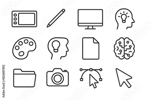 Digital Artist Icons. Digital artists. Line icon set of digital artists: drawing tablet, stylus, monitor, brush, paint palette, creative head, file icon, AI