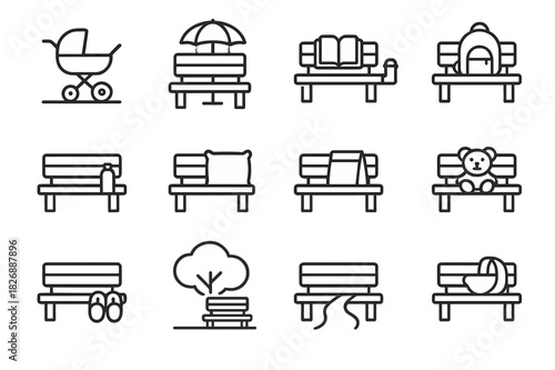 Bench Icon Collection. Benches and accessories. Line icon set of benches and accessories: bench with stroller, bench with umbrella, bench with book, bench with