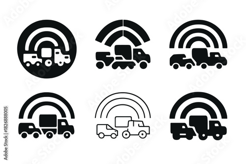 Military Convoy Logos. Military convoy. Icon set. Set Logo of military convoy: Vehicles under radar signal. harmonious logo variations of the same emblematic