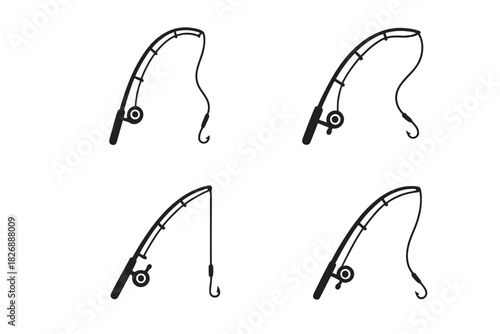 Minimalist set of fishing rods with hooks and lines bent in various positions