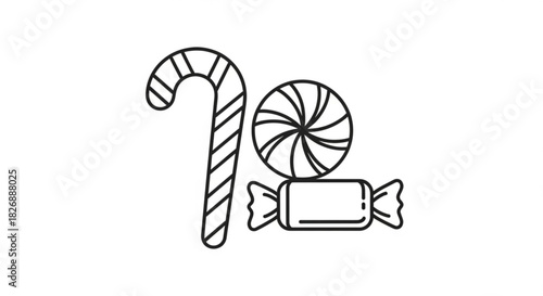 Candy cane, spiral lollipop, and wrapped candy outline vector icon. sweet confectionery treats for holidays, parties, and sugary snacks.