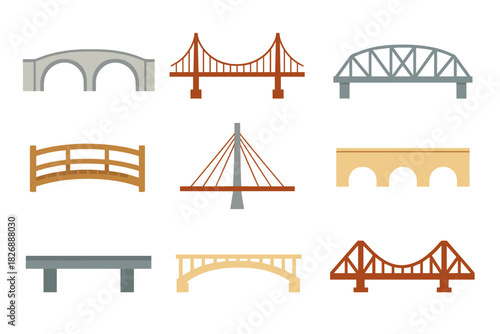 Different bridge types set: arch, suspension, truss, beam, and cable stayed structures