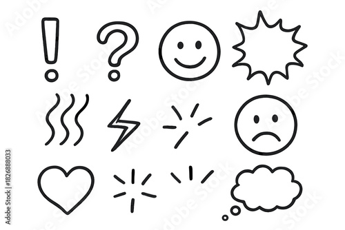 Hand drawn doodle set of emotional and communicative icons with faces, symbols, and speech bubbles