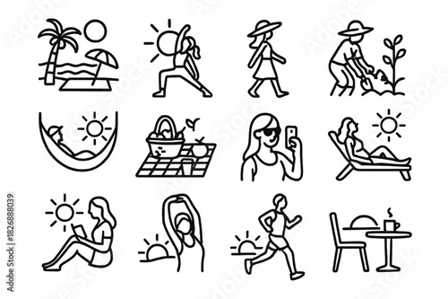 Sunshine Lifestyle Icons. Sunshine lifestyle. Line icon set of sunshine lifestyle: beach scene, outdoor yoga, sun hat walk, garden work, hammock nap, picnic