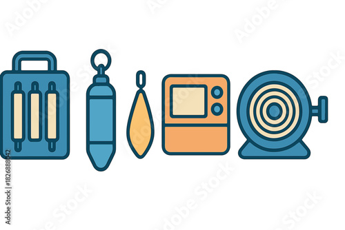 Essential angling gear including tackle box, sinkers, lures, and electronic fish finder