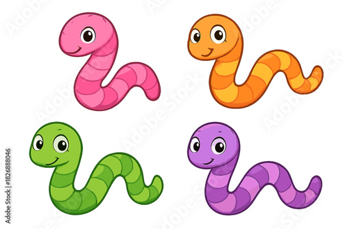 Four cute cartoon earthworms in bright colors isolated on white background