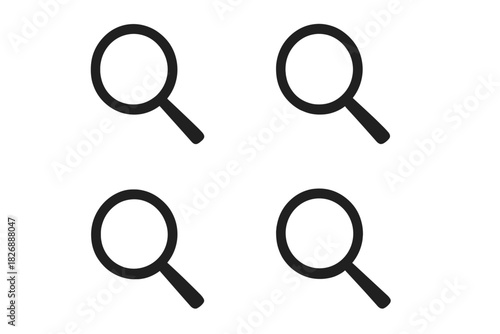 Minimalist set of four black magnifying glass symbols for search, discovery, and focus