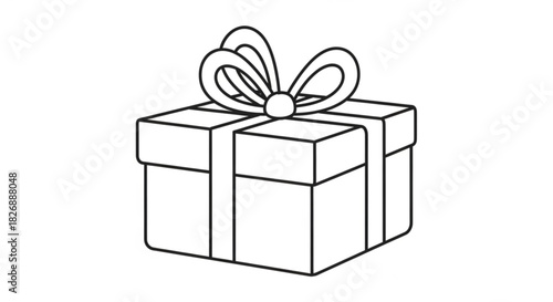 Simple line art illustration of a classic gift box, beautifully tied with a decorative bow, symbolizing celebration, joy, holidays, and receiving.