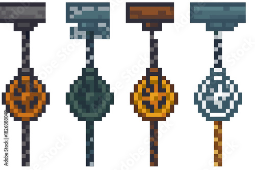 Four variations of a hanging circular mechanism with chain and ceiling mount