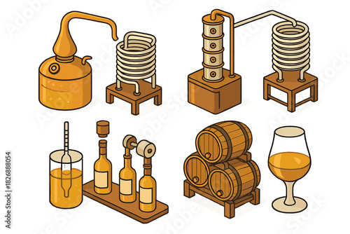 Copper pot stills, wooden aging barrels, bottling equipment, and tasting glass for spirits production