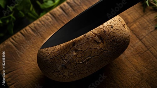 Close-up of cracked brown egg on wooden cutting board
