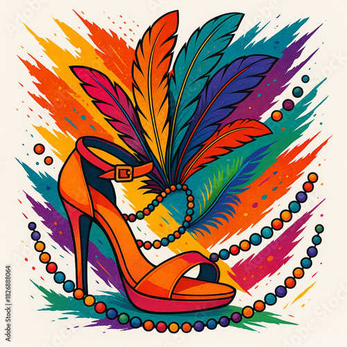 Brazilian carnival motifs samba shoes feathers beads torn vector textures vibrant tones on white background