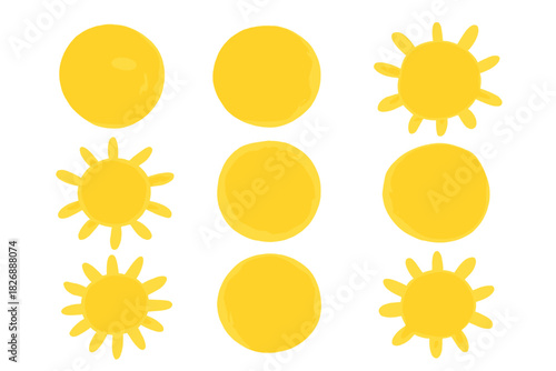 Bright yellow watercolor sun shapes and abstract circles for summer design