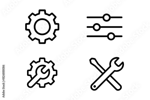 Minimalist line icons set featuring gear, wrench, and adjustment sliders for system settings