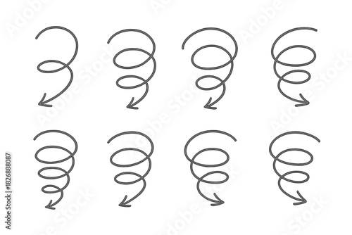 Eight hand drawn spiral arrows pointing down in a set of graphic elements
