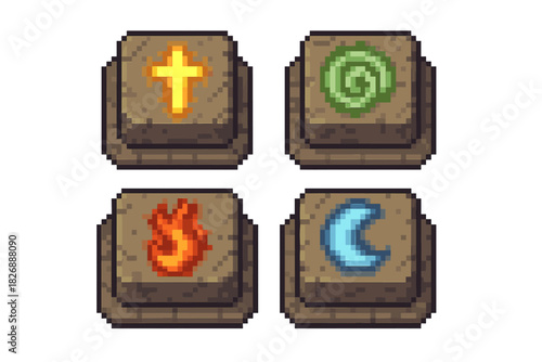 Glowing elemental and religious symbols depicted on textured stone buttons