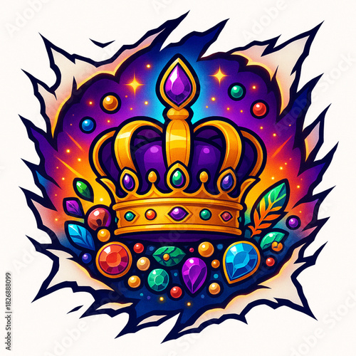 Carnival crown with jewels torn vector rip effects glowing festive hues on white background