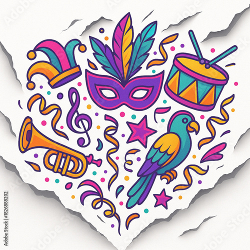 Carnival street parade elements torn vector jagged layers neon festive colors on white background