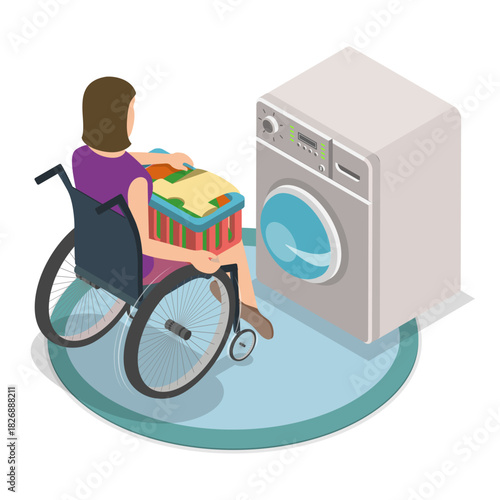 3D Isometric Flat Vector Illustration of Disabled Character and Household Chores, Home Tasks Completion. Item 1