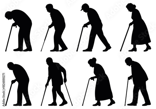 elderly walking silhouette with cane poses, collection of elderly people walking with canes in multiple silhouette, ideal for medical themes, aging concepts, mobility support visuals, and educational