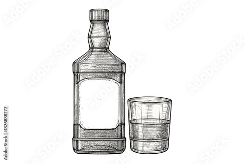 Classic liquor bottle and rocks glass filled with spirit drink in vintage hand drawn engraving