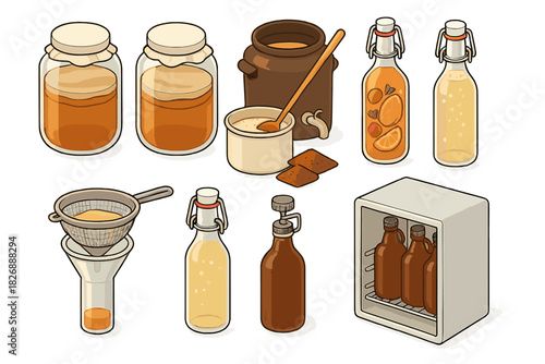 Set of essential tools and supplies for home brewing fermented beverages
