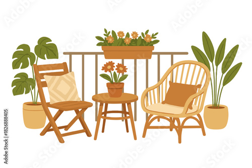 Cozy balcony setup with wooden chairs, small table, and potted tropical plants