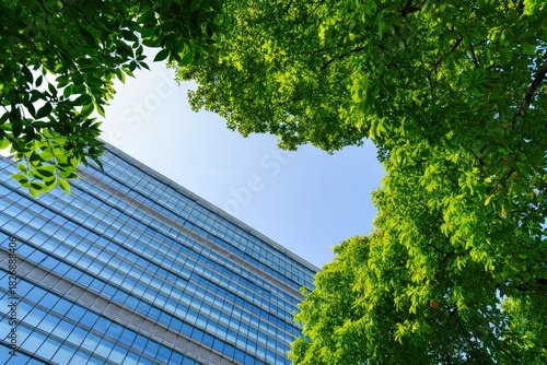 Modern Office Building Framed by Lush Green Leaves - Urban Landscape