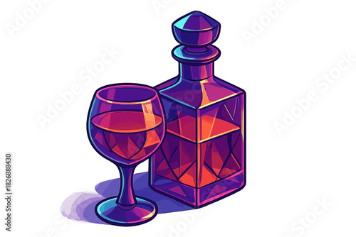 Faceted crystal decanter and glass with glowing liquid in neon purple and orange