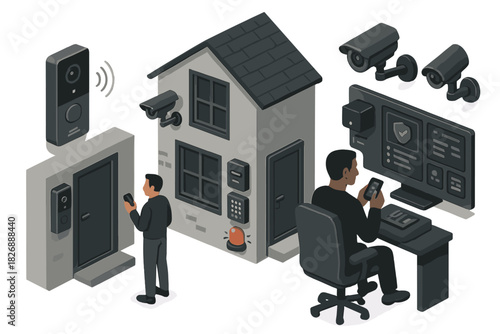 Smart home security system monitoring with surveillance cameras and video doorbell