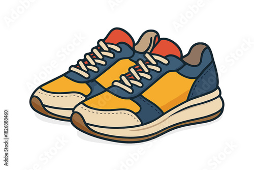 Pair of colorful retro athletic sneakers with thick soles and contrasting laces