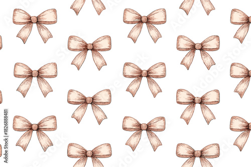Seamless pattern of elegant vintage ribbon bows in soft sepia tones repeating on a white background