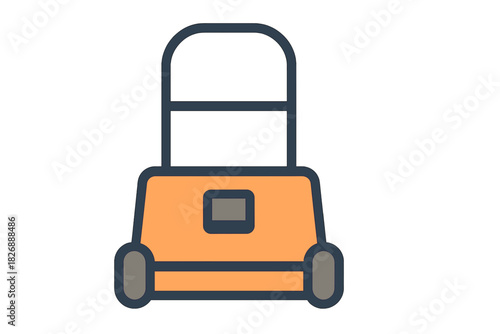 Simple orange lawnmower with dark blue outline and handle for yard work and gardening