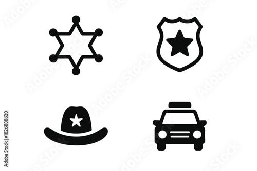 Monochrome icons set representing law enforcement, police, and sheriff authority symbols