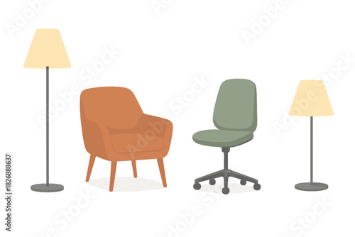 Modern furniture set featuring an orange armchair, green chair, and two standing lamps