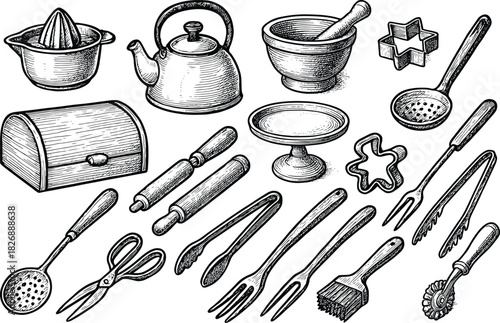 Hand-drawn vintage kitchen tools and utensils illustration set