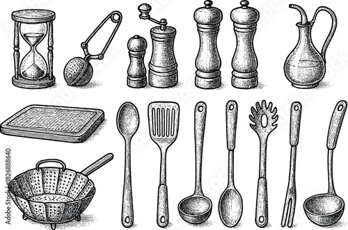 Vintage hand-drawn kitchen utensils and cookware engraving illustration set