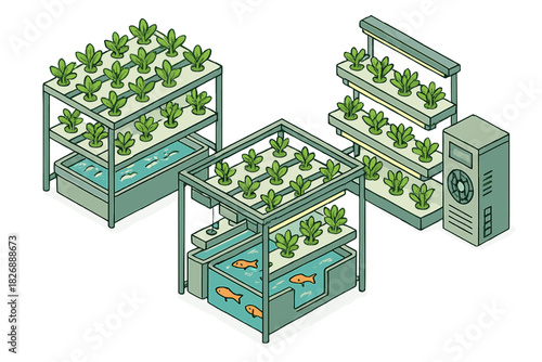 Isometric sustainable farming technology setup with hydroponics and aquaponics systems