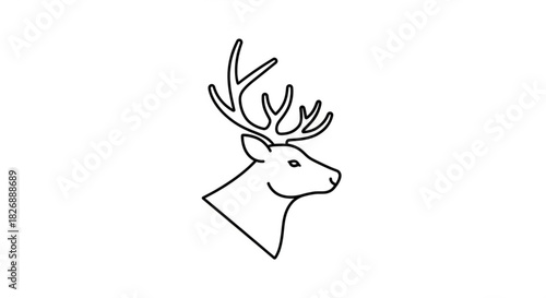 Minimalist line art illustration of a deer head with prominent antlers, depicted in a clean, simple profile style, perfect for graphic design.