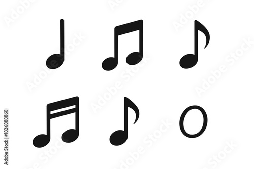 Set of six black musical notes symbols including whole, half, quarter, and eighth notes
