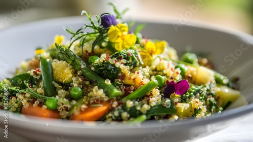 Colorful mixed grain salad featuring fresh springtime vegetables and edible blossoms served in a shallow white bowl