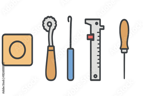 Set of crafting and sewing instruments including tracing wheel, latch hook, caliper, and awl