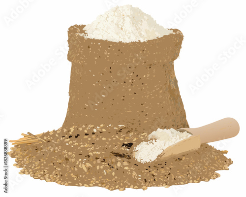 Bag of flour and grains with wooden scoop