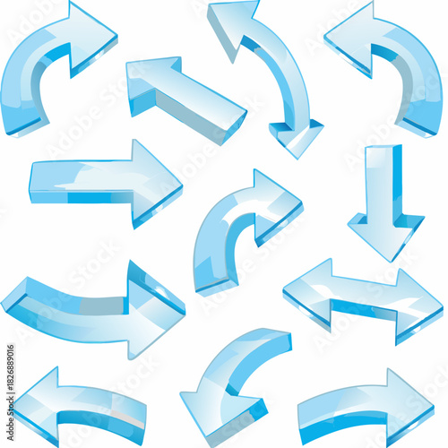 Collection of 3d blue glass arrows pointing in various directions