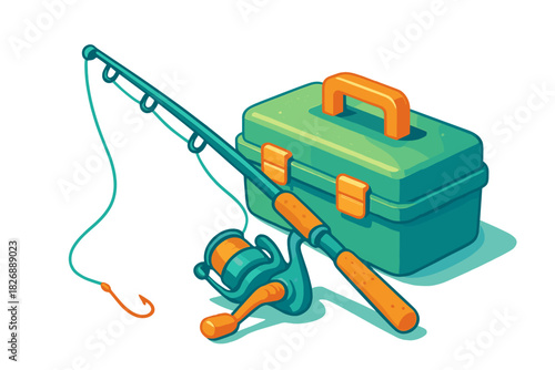 Essential fishing equipment set including rod, reel, line, hook, and green tackle box